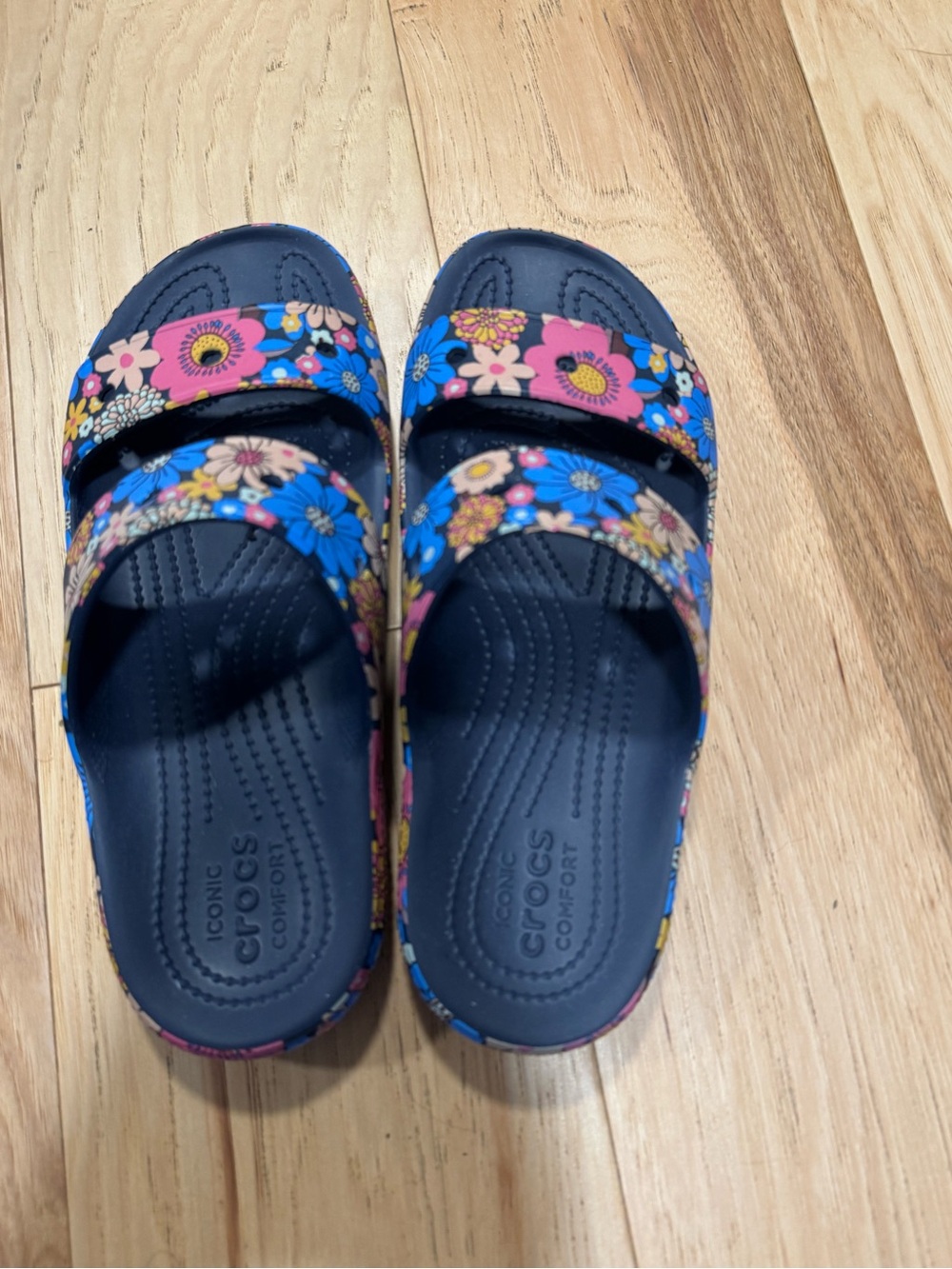 CROCS Navy Slide Sandals with Pink & Blue Floral Print